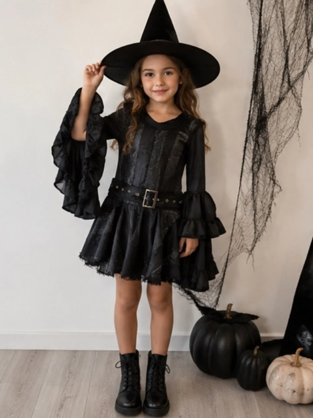 Black Witch Costume Dress with Belt - Kids